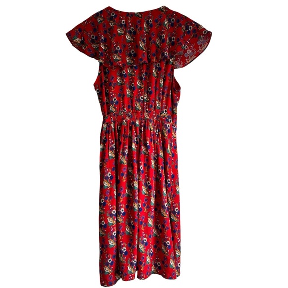 Maeve Anthropologie sleeveless red floral ruffle wrap dress excellent condition - Picture 11 of 15
